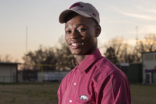 Ashdown safety Montaric Brown poses for a photo after signing his national letter of intent to play for the University of Arkansas on Wednesday, Feb. 1, 2017. 