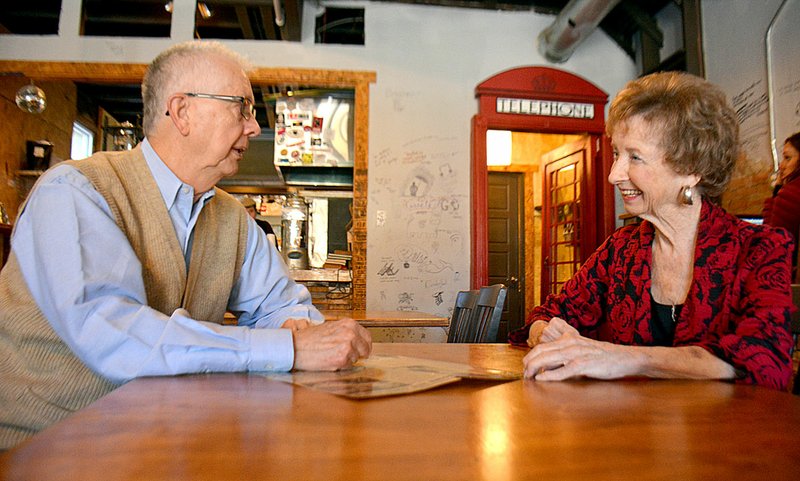 Janelle Jessen/Herald-Leader Pioneer Citizens Jerry Cavness and Judy Omo visited over coffee last week. They will be honored at the 87th annual Chamber of Commerce Banquet, to be held Thursday evening at John Brown University&#8217;s Simmons Great Hall.