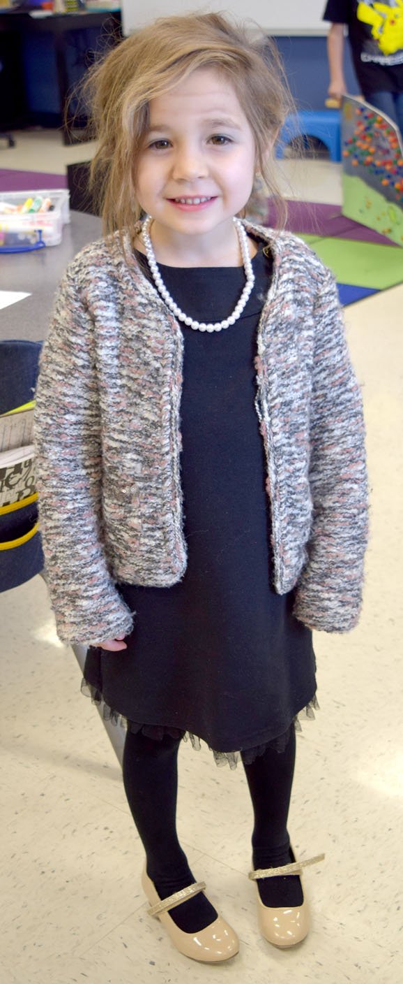 Photo by Mike Eckels Esme` Gibson dressed up as a 100-year-old woman for her class project during the 100 days of school celebration in Christina Brown&#8217;s kindergarten classroom at Decatur Northside Elementary Jan. 24. Note the wrinkles on her forehead.