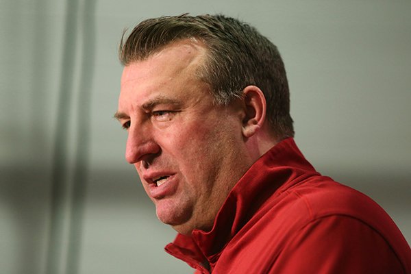 Arkansas head football coach Bret Bielema speaks with members of the media on Wednesday, Feb. 1, 2017, inside the Fred W. Smith Center in Fayetteville on the results from National Signing Day.