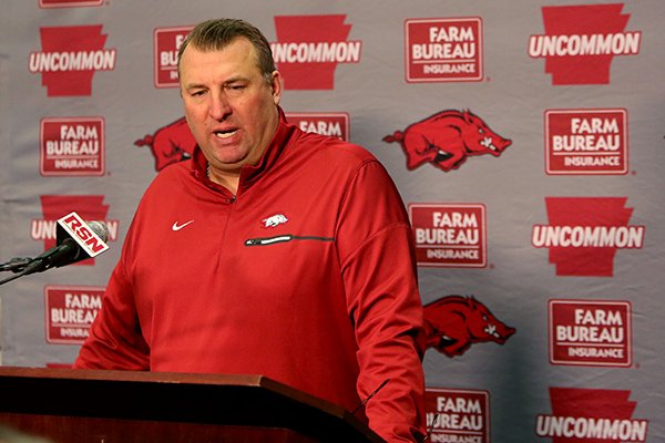 Arkansas coach Bret Bielema speaks to reporters during a news conference Wednesday, Feb. 1, 2017, at Fred W. Smith Center in Fayetteville. 