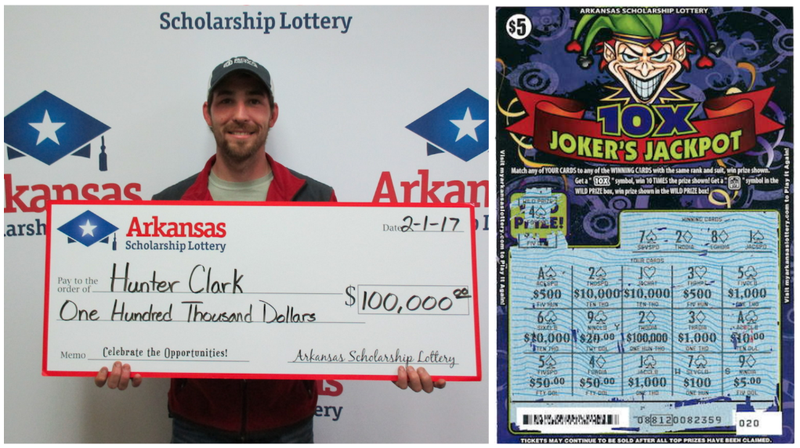 Hunter Clark of Jonesboro, left, and a $100,000 winning ticket purchased by Christopher Plumlee of Berryville.