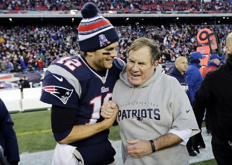 Quarterback Tom Brady (left) and Coach Bill Belichick have led the New England Patriots to seven Super Bowl appearances, including Sunday’s game against the Atlanta Falcons.