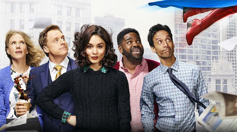 Powerless, a new comedy from NBC, stars (from left) Christina Kirk, Alan Tudyk, Vanessa Hudgens, Ron Funches and Danny Pudi.