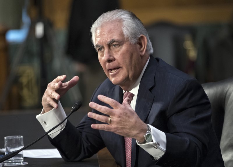 FILE - In this Jan. 11, 2017, file photo, Secretary of State-nominee Rex Tillerson testifies on Capitol Hill in Washington. Trump's nomination of Tillerson for secretary of state is headed toward Senate confirmation after several Democrats crossed party lines to back the former Exxon Mobil CEO. (AP Photo/J. Scott Applewhite, File)