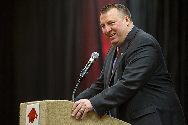 Arkansas head coach Bret Bielema speaks on Thursday, Feb. 2, 2017, on the team's signing day results during the Northwest Arkansas Razorback Club Signing on the Hill event at the Holiday Inn & Convention Center in Springdale.
