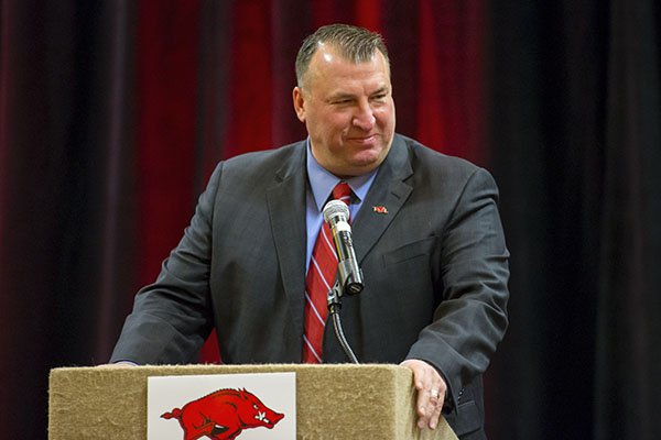 Arkansas head coach Bret Bielema speaks on Thursday, Feb. 2, 2017, on the team's signing day results during the Northwest Arkansas Razorback Club Signing on the Hill event at the Holiday Inn & Convention Center in Springdale.
