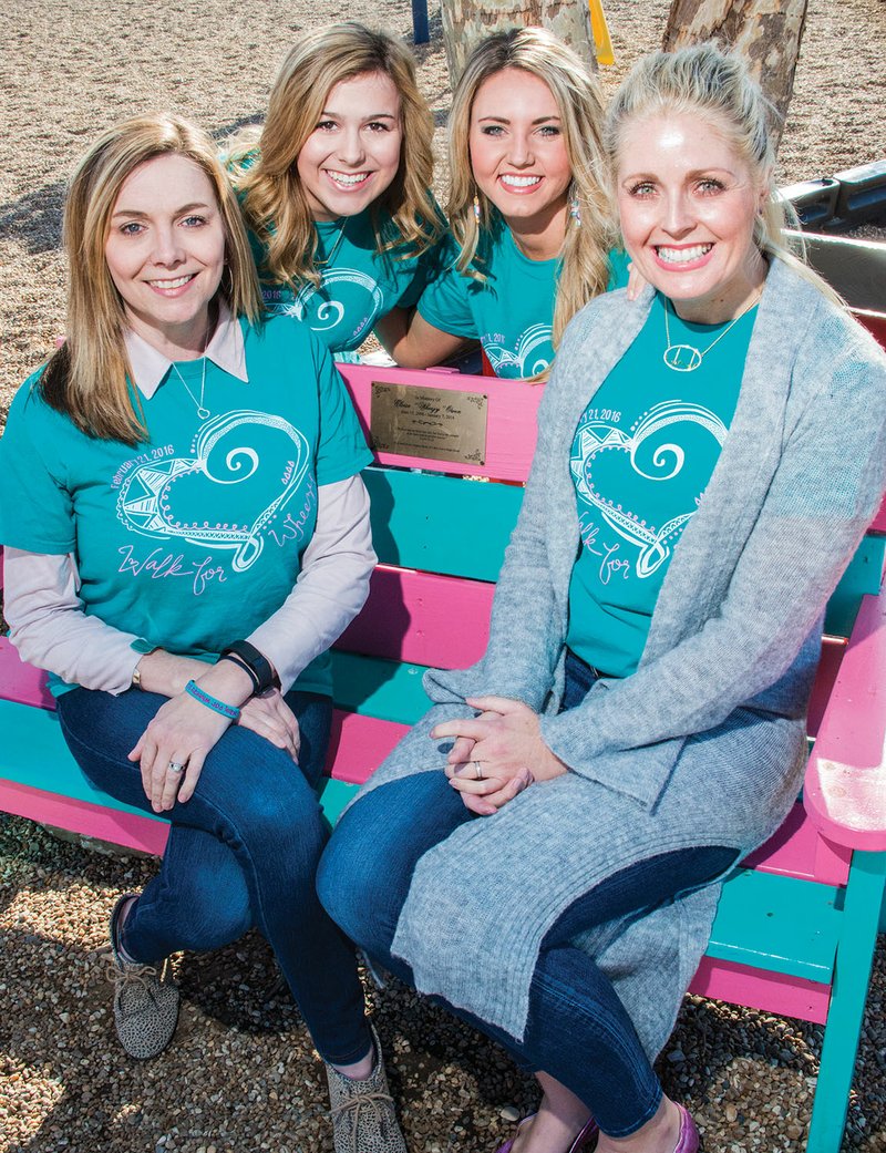 From left, Darcy Eddington, Zoe Eddington, Bailey Moses and Sarah Owen sit on the bench dedicated to Eloise Ann “Wheezy” Owen at the Southside Elementary School playground in Cabot. Eloise died at age 9 of complications from a heart defect. The second annual Walk for Wheezy, in Eloise’s honor, will take place Feb. 26 at the Cabot Panther Stadium.