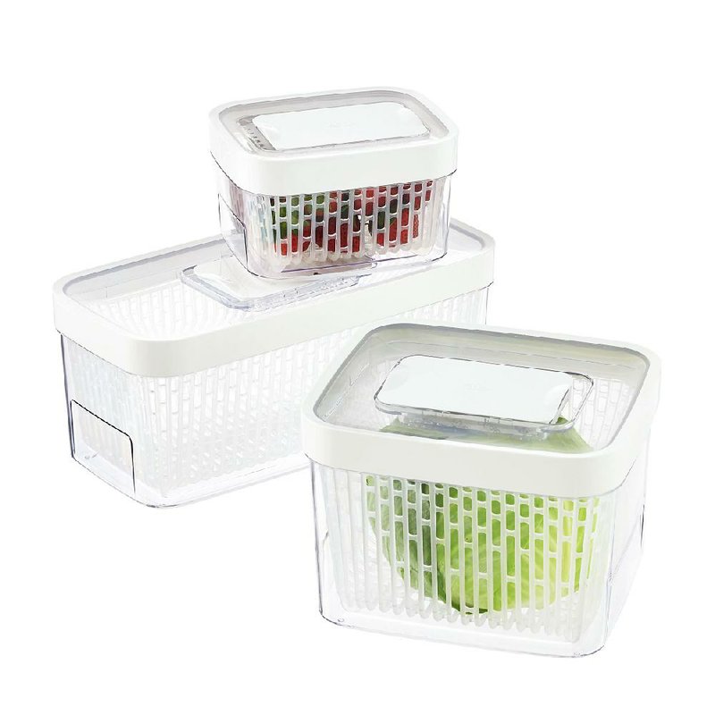 OXO Greensaver Produce Keepers from The Container Store include an adjustable top vent to help maintain optimum humidity levels. These containers also feature an elevated removable polypropylene basket to promote air flow and an all-natural, nontoxic activated carbon filter, which traps and absorbs ethylene gas to slow down spoilage. They range in price from $14.99 to $24.99.