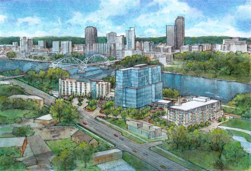 This rendering released by Newmark Grubb Arkansas shows a proposed development near the Broadway Bridge in North Little Rock.