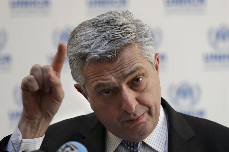 Filippo Grandi, the head of U.N. refugee agency UNHCR, gestures Friday as he speaks during a news conference in Beirut.