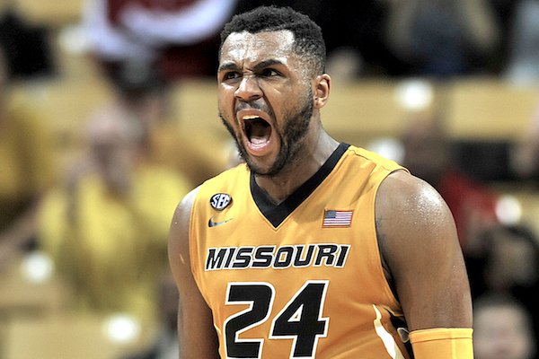 Missouri's Kevin Puryear (24) reacts after a foul was called against Arkansas during the first half of an NCAA college basketball game Saturday Feb. 4, 2017, in Columbia, Mo. (Don Shrubshell/Columbia Daily Tribune via AP)
