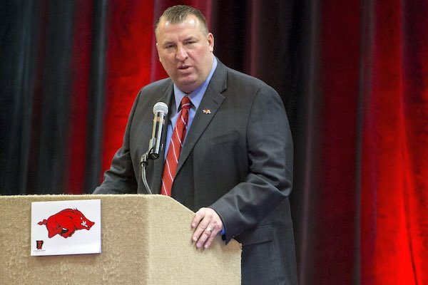 Arkansas head coach Bret Bielema speaks on Thursday, Feb. 2, 2017, on the team's signing day results during the Northwest Arkansas Razorback Club Signing on the Hill event at the Holiday Inn & Convention Center in Springdale.