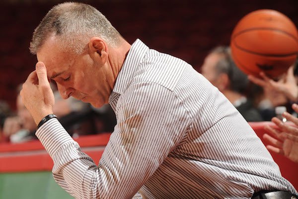 Arkansas coach Jimmy Dykes reacts to a turnover against Oral Roberts Wednesday, Dec. 21, 2016, during the second half of the Razorbacks' 70-60 loss in Bud Walton Arena.