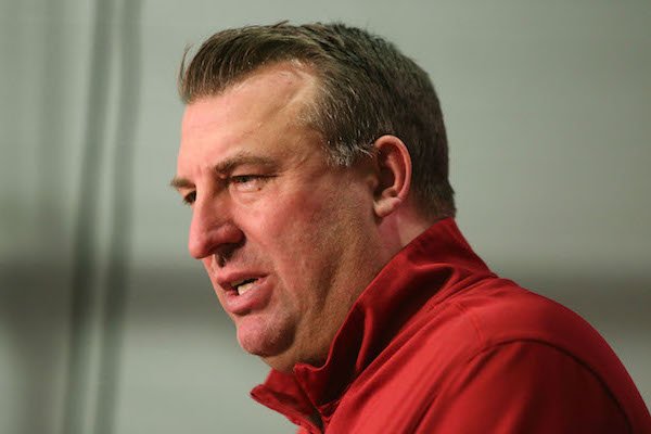 University of Arkansas head football coach Bret Bielema speaks with members of the media on Wednesday, Feb. 1, 2017, inside the Fred W. Smith Center in Fayetteville on the results from National Signing Day.