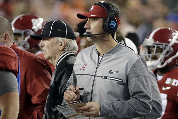 Alabama offensive coordinator Steve Sarkisian is seen on the sidelines during the second half of the NCAA college football playoff championship game against Clemson Monday, Jan. 9, 2017, in Tampa, Fla. (AP Photo/David J. Phillip)

