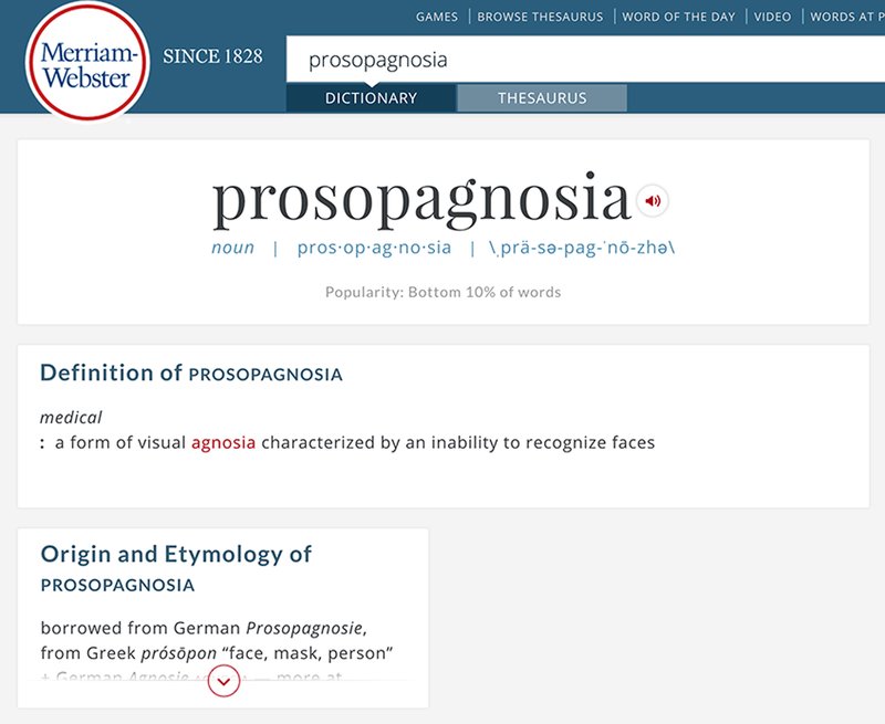This screen shot provided by Merriam-Webster shows the new word "prosopagnosia" on the company's online dictionary Merriam-Webster.com. Merriam-Webster on Tuesday, Feb. 7, 2017, added more than 1,000 new words and new definitions to existing entries on its website. (Merriam-Webster via AP)

