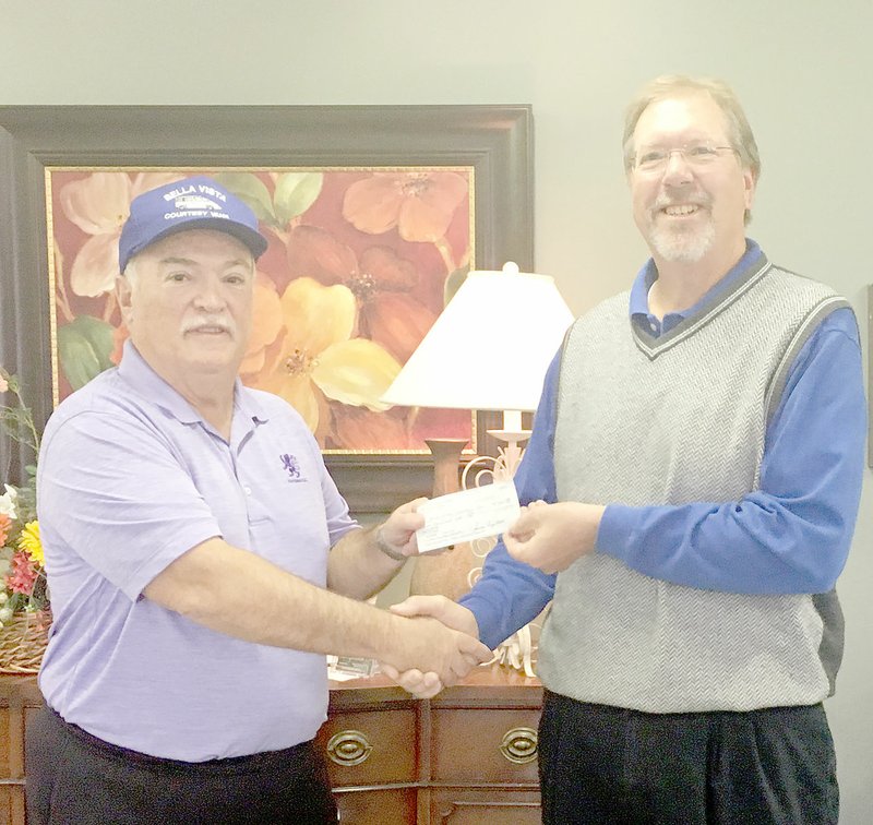 Photos submitted In the photo above, Karen Calhoun, life enrichment coordinator of Village House, accepts a check for $1,000 from Gary Nelson, president of the Men&#8217;s 18-Hole Golf Association in Bella Vista. In the photo elow, Bob Kronner, left, vice president of the MGA, presents a $1,000 check to Bill Puskas, president of Bella Vista Courtesy Van. The Men&#8217;s Golf Associaton, established in 1972, is the largest continuing golf group in Bella Vista. They are now accepting applications for new members for the 2017 golf season and, for the first time, have opened their membership to POA and non-POA members alike. For more information, log on to www.bvvmga.com.