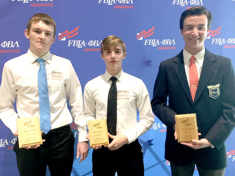 Submitted Photo Kyle Kilgore, Clay Wills and Derek German posed with their first-place awards at the District FBLA conference held in Fayetteville on Jan. 31.