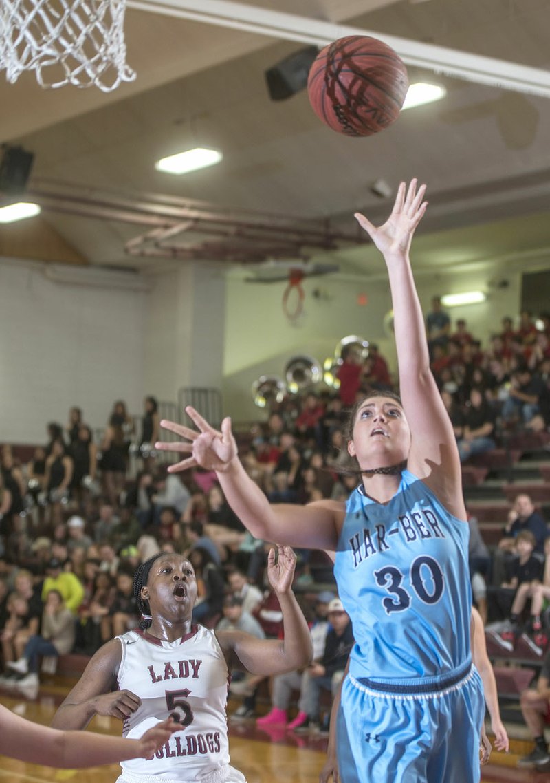 NWA Democrat-Gazette/ANTHONY REYES @NWATONYR Karrington Whaley (30) of Springdale Har-Ber scores against Springdale High on Tuesday at Bulldog Gymnasium in Springdale.