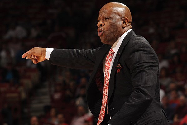 Arkansas coach Mike Anderson directs his team against Vanderbilt Tuesday, Feb. 7, 2017, during the second half of play in Bud Walton Arena in Fayetteville. 