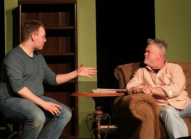 Elwood P. Dowd, left, played by David T.R. Goble, talks about his imaginary friend, Harvey, to Dr. Chumley, played by Jeff Pulliam, in this rehearsal scene from Harvey, which opens Friday at Center on the Square.