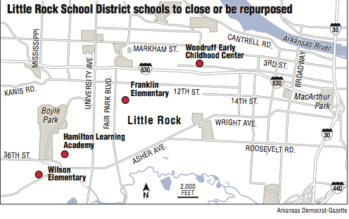 A map showing Little Rock School District schools to close or be repurposed