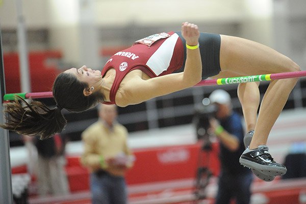 Leigha Brown of Arkansas competes Friday, Jan. 27, 2017, in the high jump portion of the pentathlon during the in the Razorback Invitational in the Randal Tyson Track Center in Fayetteville. 