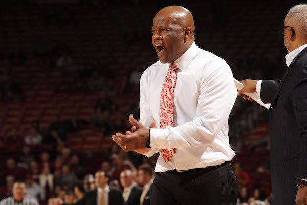 Arkansas coach Mike Anderson directs his team against Vanderbilt Tuesday, Feb. 7, 2017, during the second half of play in Bud Walton Arena in Fayetteville.