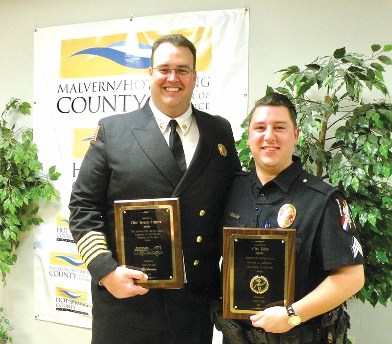 Among those receiving awards at the Malvern/Hot Spring County 2017 Awards Banquet are Malvern Fire Chief Jeremy Harper, left, who was named Firefighter of the Year, and Cpl. Clay Coke of the Malvern Police Department, who was named Law Officer of the Year.