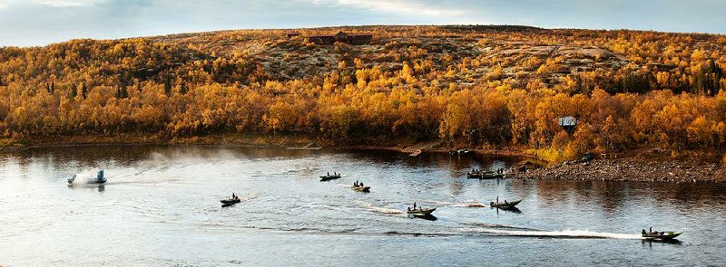 Boats depart the Ryabaga Camp on Russia’s Ponoi River, one of the most celebrated Atlantic salmon fisheries. A prime week here can cost more than $15,000 per person.