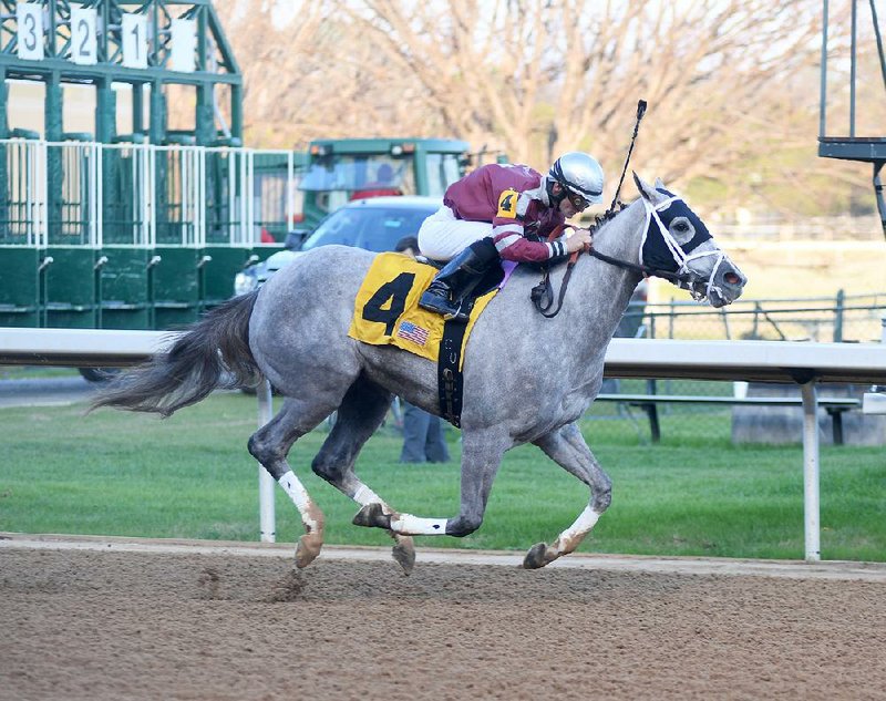 Alex Birzer rides Chanel’s Legacy (4) to a 2½-length victory over My Sweet Stella in the $125,000 Martha Washington Stakes on Saturday at Oaklawn Park in Hot Springs. Chanel’s Legacy’s winning time was 1:38.51 and paid $28.20, $11.60 and $6. 
