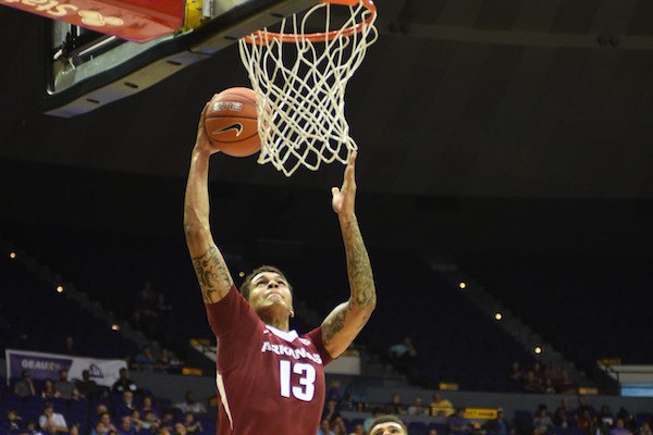 Dustin Thomas goes up for a dunk late in the game as Arkansas take on LSU in Baton Rouge, February 11, 2017. Photo by Chris Daigle special to the Democrat Gazette
 
