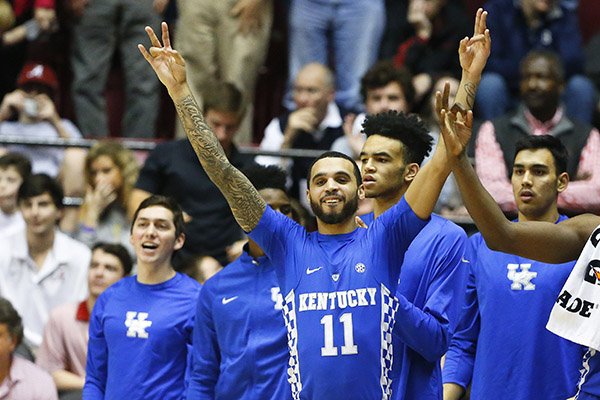 Kentucky guard Mychal Mulder celebrates with teammates durin their 67-58 win over Alabama in an NCAA college basketball game, Saturday, Feb. 11, 2017, in Tuscaloosa, Ala. (AP Photo/Brynn Anderson)


