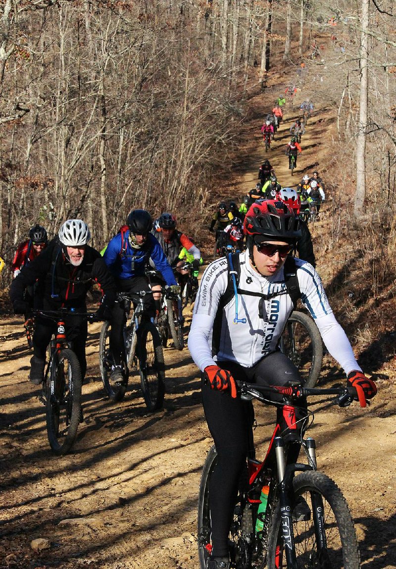 A wave of cyclists tackles the challenging climb that began the 12th annual Buffalo Headwaters Challenge on Jan. 28.