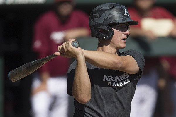 Arkansas infielder Jared Gates bats during a scrimmage Monday, Oct. 17, 2016, in Fayetteville. 