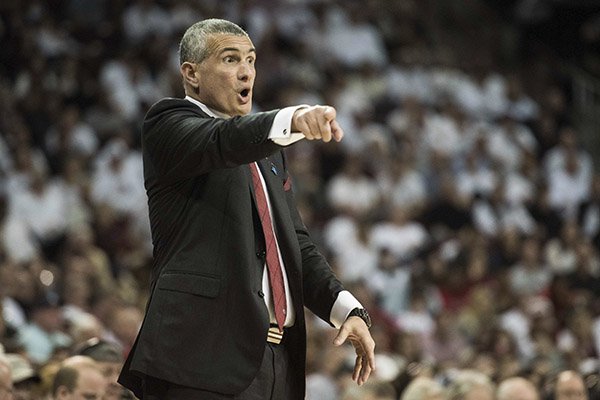 South Carolina head coach Frank Martin communicates with players during the first half of an NCAA college basketball game Saturday, Feb. 4, 2017, in Columbia, S.C. South Carolina defeated Georgia 77-75. (AP Photo/Sean Rayford)

