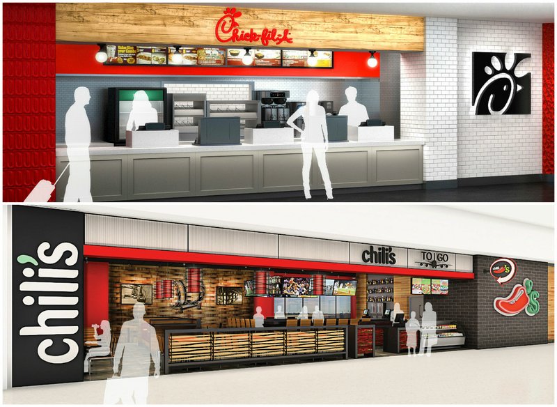 Renderings of the proposed Chick-fil-A and Chili's locations inside Bill and Hillary Clinton National Airport/Adams Field in Little Rock.