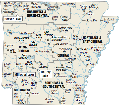 A map showing the location of Arkansas fishing spots.