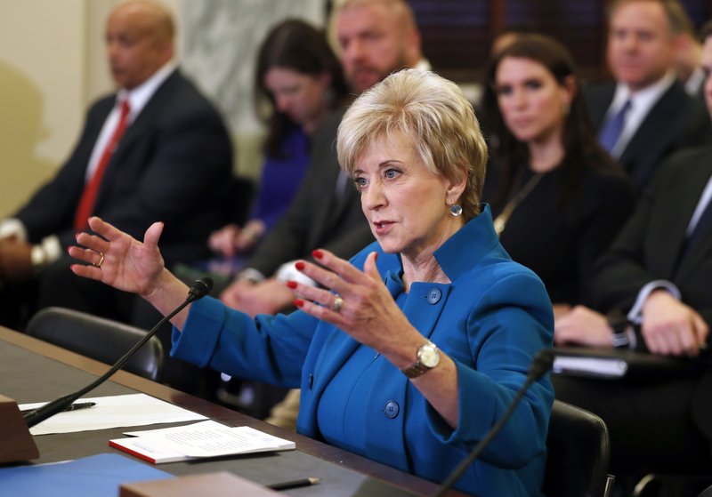 In this Jan. 24, 2017, file photo, Small Business Administration Administrator-nominee, former wrestling entertainment executive, Linda McMahon testifies on Capitol Hill in Washington,at her confirmation hearing. 