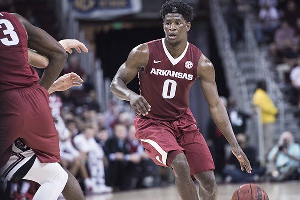 Arkansas guard Jaylen Barford (0) dribbles the ball during the first half of an NCAA college basketball game against South Carolina Wednesday, Feb. 15, 2017, in Columbia, S.C. Arkansas defeated South Carolina 83-76. (AP Photo/Sean Rayford)

