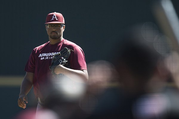 Arkansas pitcher Isaiah Campbell looks toward home plate during a scrimmage Monday, Oct. 17, 2016, in Fayetteville. 