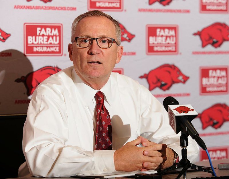 Jeff Long, athletics director for the University of Arkansas, speaks Tuesday, Aug. 25, 2015, in the Raymond Miller Room inside the Broyles Athletic Center on the university campus in Fayetteville.