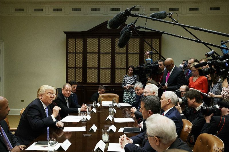 President Donald Trump speaks during a meeting with retail industry leaders Wednesday in the Roosevelt Room of the White House in Washington.  