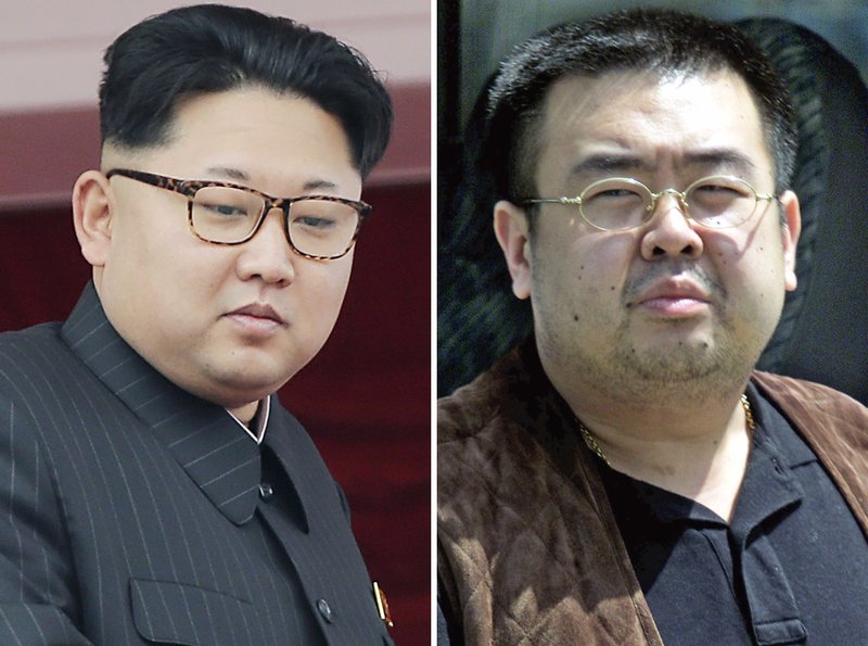 FILE - This combination of file photos shows North Korean leader Kim Jong Un, left, on May 10, 2016, in Pyongyang, North Korea, and Kim Jong Nam, right, exiled half brother of Kim Jong Un, in Narita, Japan, on May 4, 2001. Kim Jong Nam, 46, was targeted Monday, Feb. 13, 2017, at the Kuala Lumpur International Airport, Malaysia, and later died on the way to the hospital according to a Malaysian government official. (AP Photos/Wong Maye-E, Shizuo Kambayashi, File)