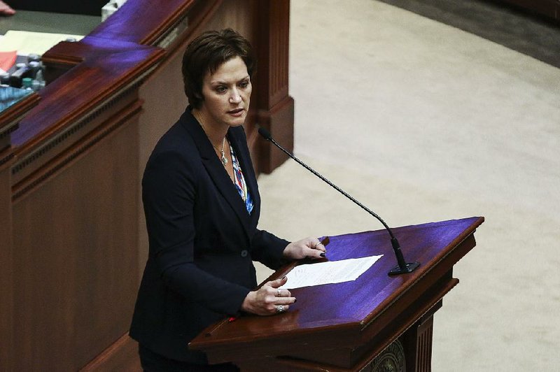 Arkansas Democrat-Gazette/MITCHELL PE MASILUN --2/16/2017--
Rep. Jana Della Rosa, R-Rogers, speaksagainst the presentation of HJR 1022, making an application to Congress to call a convention of the states to propose an amendment to the US constitution during the House Session at the Capitol Thursday, February 16, 2017.