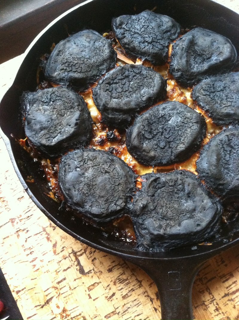 Pictured is a casserole that caught fire because it was too close to the broiler for too long.
