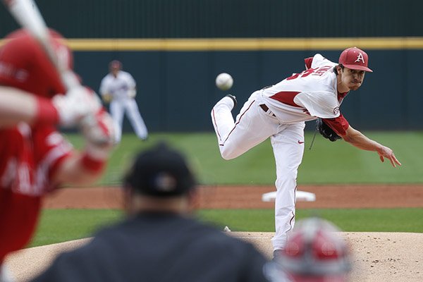 Arkansas pitcher Blaine Knight throws a pitch during a game against Miami (Ohio) on Friday, Feb. 17, 2017, in Fayetteville. 