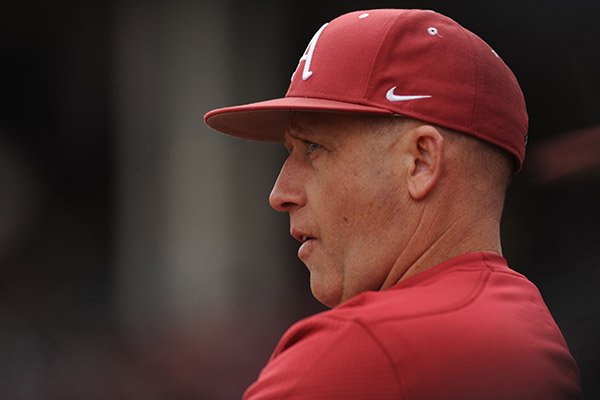 Arkansas pitching coach Wes Johnson watches against Miami (Ohio) Friday, Feb. 17, 2017, during the first inning at Baum Stadium in Fayetteville.