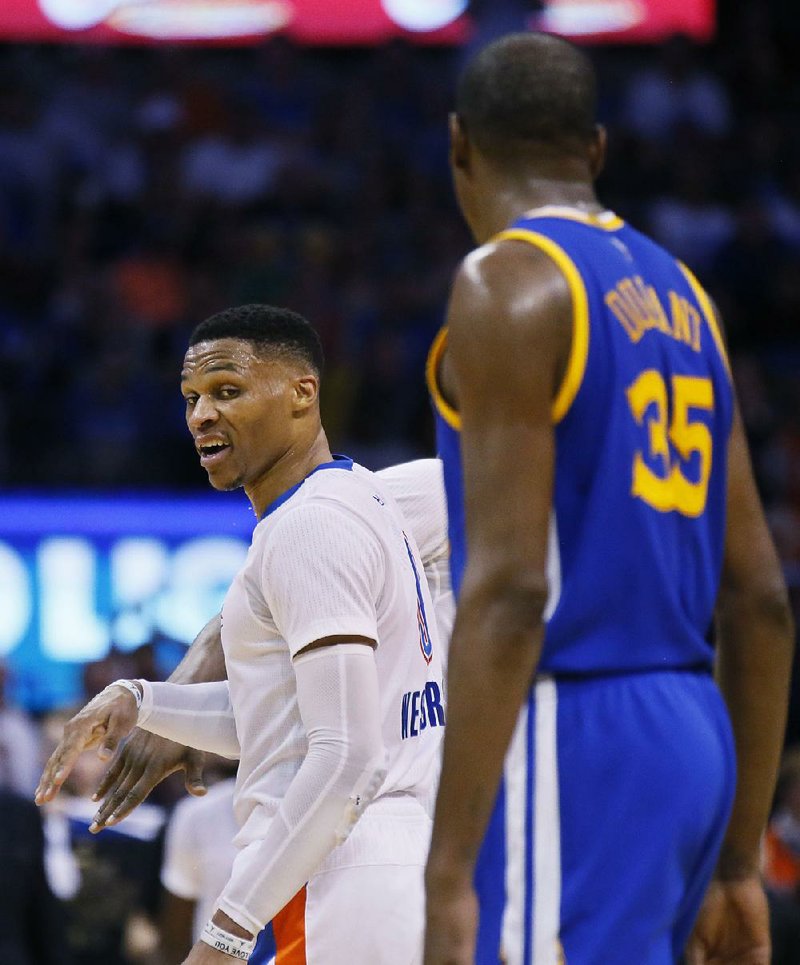 Russell Westbrook (left) and Kevin Durant have had plenty to say to each other on the court during recent matchups between the Oklahoma City Thunder and the Golden State Warriors, but if either of them expects their NBA Western Conference All-Star team reunion to be awkward, they didn’t discuss it Friday. 